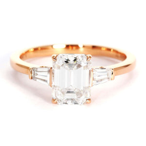 Eva Emerald Step Cut Moissanite with Trapezoid Side Stones Trilogy Ring in 18K gold - LeCaine Gems