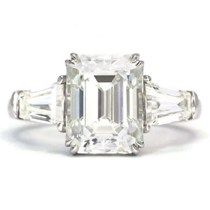 Eva Emerald Step Cut Moissanite with Trapezoid Side Stones Trilogy Ring in 18K gold - LeCaine Gems