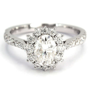 Farrah Oval Moissanite with Decorative Halo in Tapered Pave Band Ring in 18K gold - LeCaine Gems