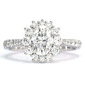 Farrah Oval Moissanite with Decorative Halo in Tapered Pave Band Ring in 18K gold - LeCaine Gems
