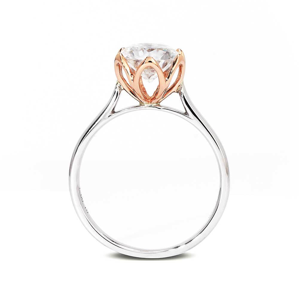Fiore Round Moissanite Flower Petal Setting Solitaire Duo Tone Ring in 18K Gold - LeCaine Gems