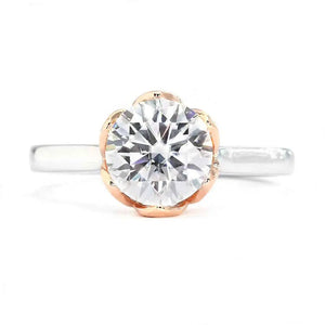 Fiore Round Moissanite Flower Petal Setting Solitaire Duo Tone Ring in 18K Gold - LeCaine Gems