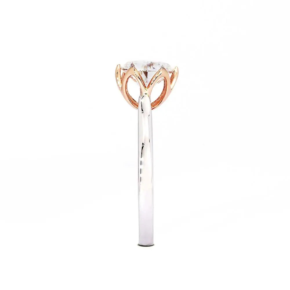 Fiore Round Moissanite Flower Petal Setting Solitaire Duo Tone Ring in 18K Gold - LeCaine Gems