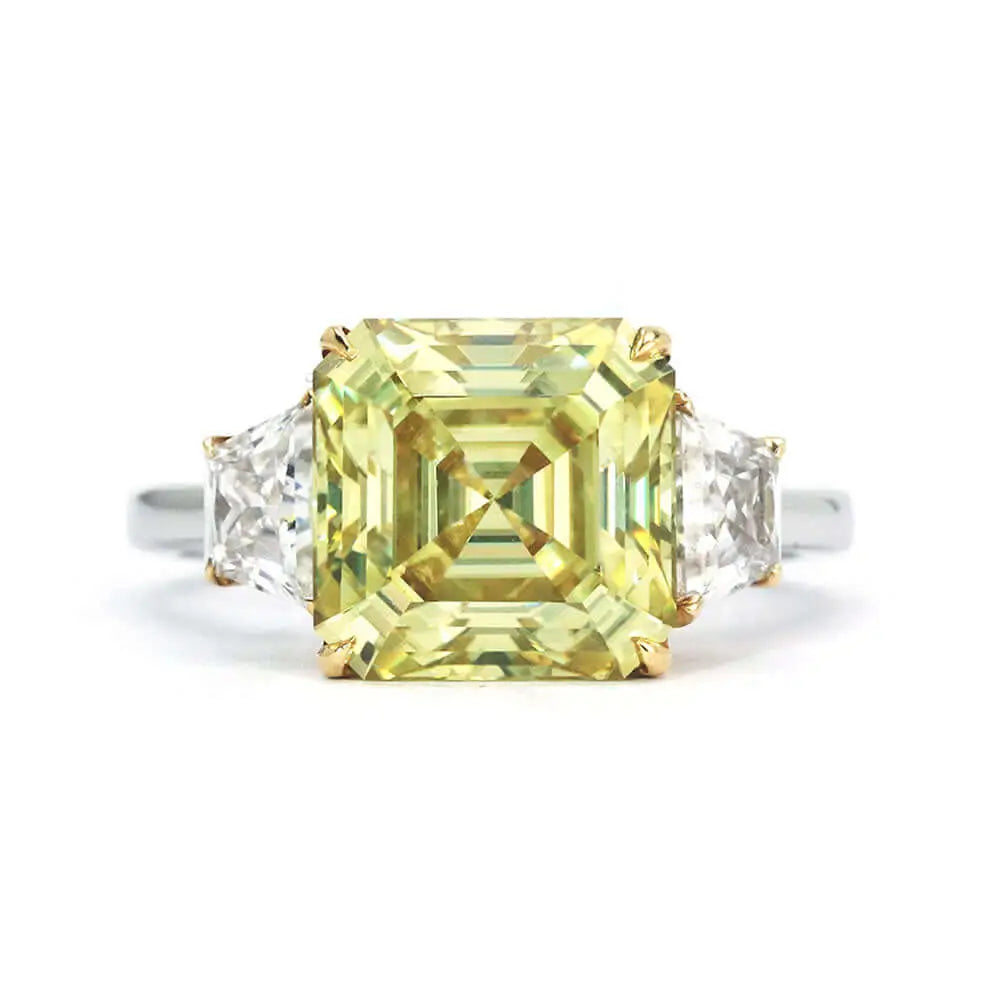 Frida Asscher Fancy Yellow Moissanite with Trapezoid Side Stone Trilogy Ring in 18K Gold - LeCaine Gems