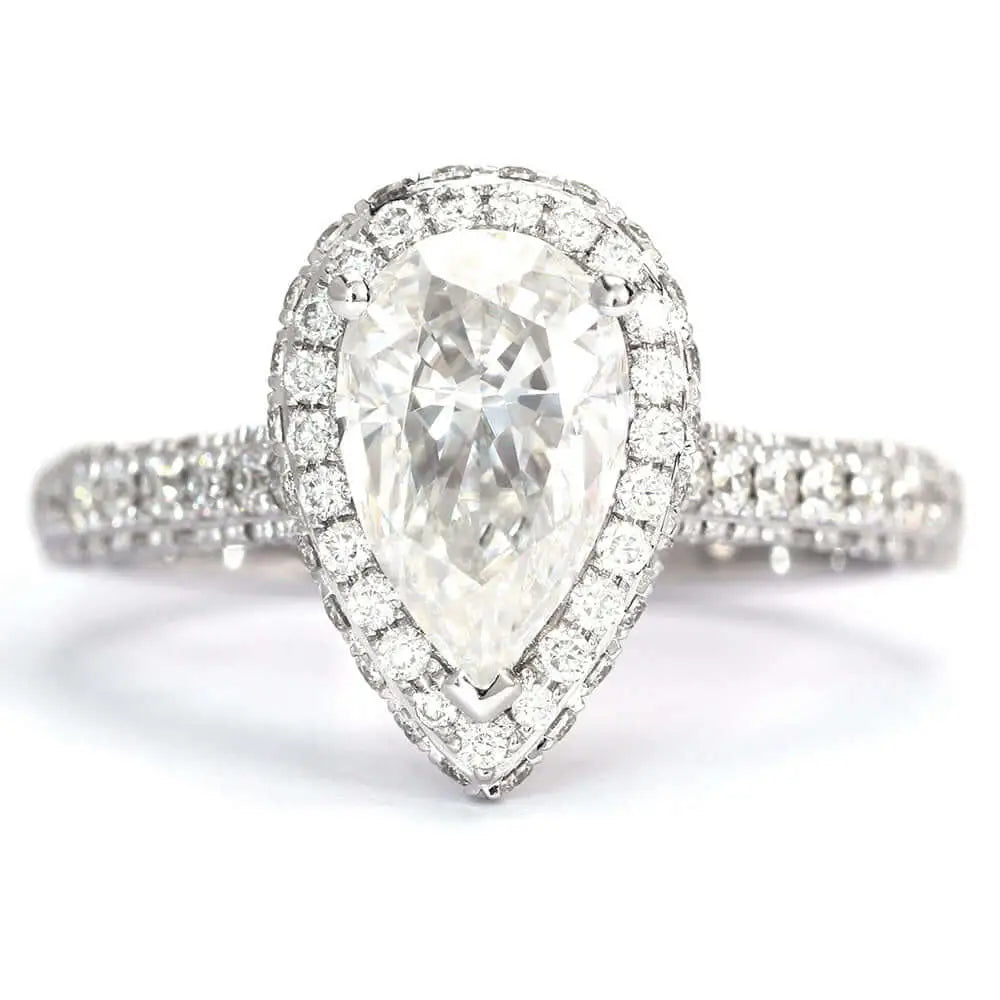 Grace Pear Moissanite with Halo in Pave Band Ring in 18K gold - LeCaine Gems