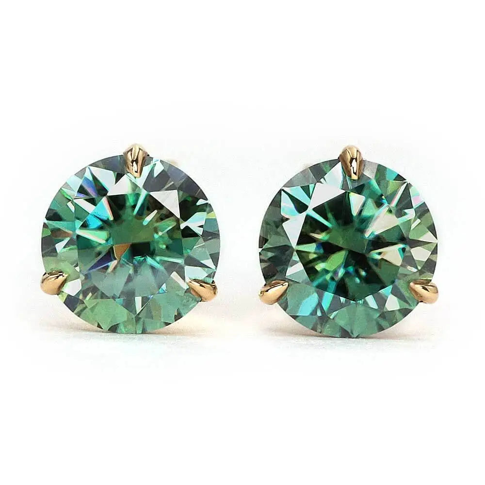 Green Moissanite Solitaire Earrings in 18K Solid Gold 3 Prong Martini Setting - LeCaine Gems