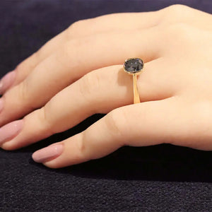 Greta Cushion Dark Grey Blue Moissanite Bezel Ring in 18K gold - LeCaine Gems