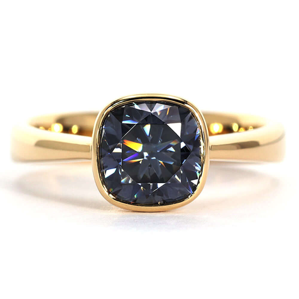 Greta Cushion Dark Grey Blue Moissanite Bezel Ring in 18K gold - LeCaine Gems