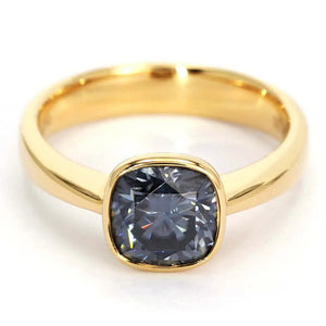 Greta Cushion Dark Grey Blue Moissanite Bezel Ring in 18K gold - LeCaine Gems