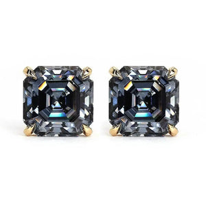 Grey Blue Asscher Cut Moissanite Stud Earrings 18K Gold - LeCaine Gems