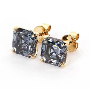Grey Blue Asscher Cut Moissanite Stud Earrings 18K Gold - LeCaine Gems