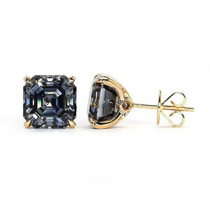 Grey Blue Asscher Cut Moissanite Stud Earrings 18K Gold - LeCaine Gems