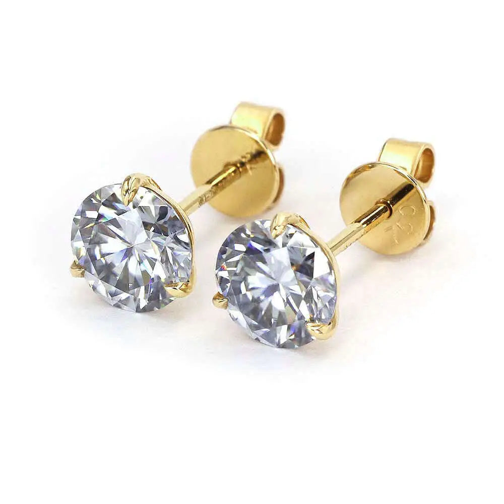 Grey Blue Moissanite Solitaire Earrings in 18K Solid Gold 3 Prong Martini Setting - LeCaine Gems