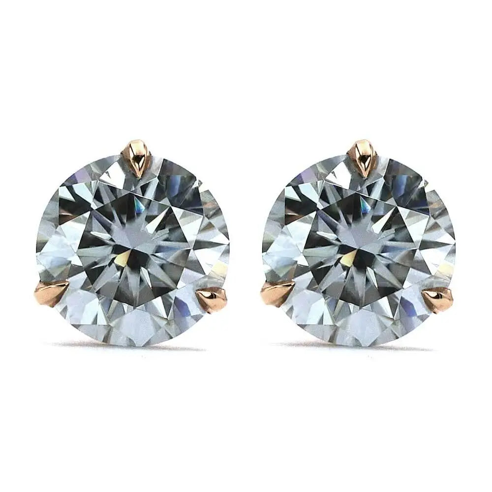 Grey Blue Moissanite Solitaire Earrings in 18K Solid Gold 3 Prong Martini Setting - LeCaine Gems