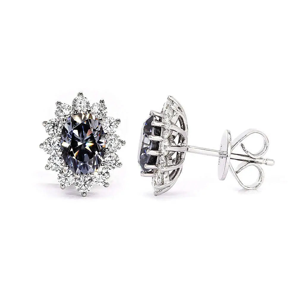 Grey Oval Vintage Halo Moissanite Stud Earrings - LeCaine Gems