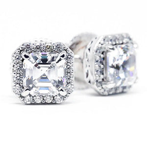 Ingrid Asscher Moissanite with Halo Stud Earrings in 18K gold - LeCaine Gems