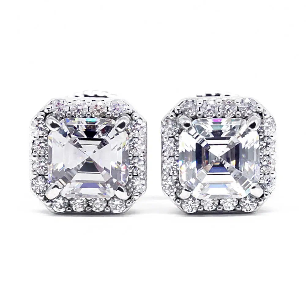 Ingrid Asscher Moissanite with Halo Stud Earrings in 18K gold - LeCaine Gems