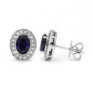 Intense Blue Oval Lab Grown Sapphire with Halo Stud Earrings in 18K White Gold - LeCaine Gems