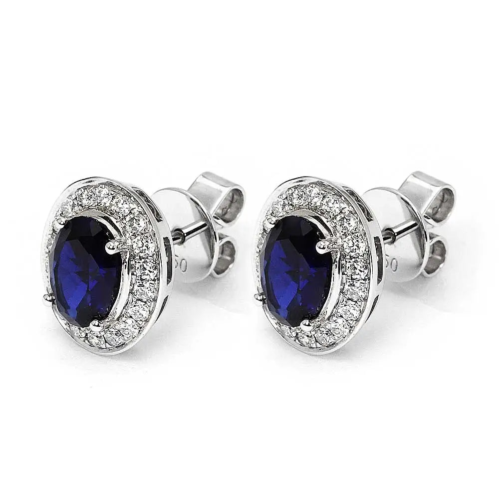 Intense Blue Oval Lab Grown Sapphire with Halo Stud Earrings in 18K White Gold - LeCaine Gems