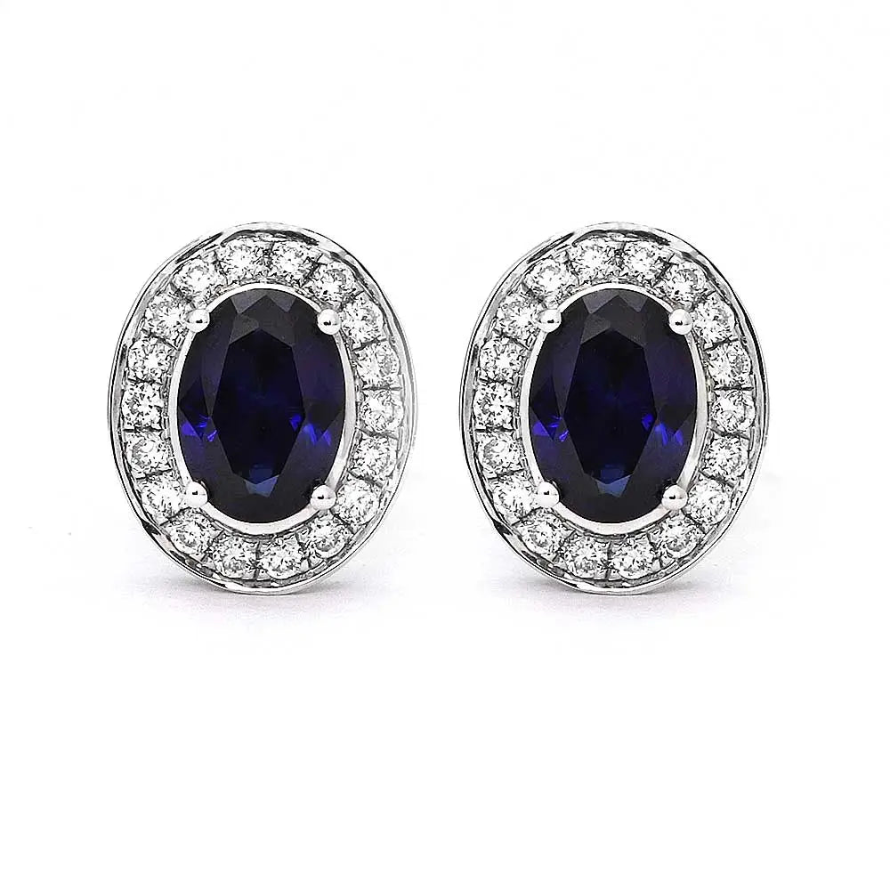 Intense Blue Oval Lab Grown Sapphire with Halo Stud Earrings in 18K White Gold - LeCaine Gems