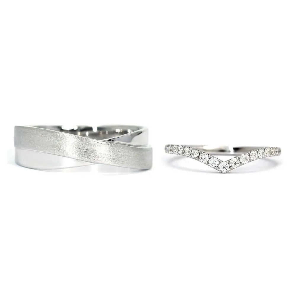 Ivette Moissanite V Shaped and Satin Brushed Twist Design Wedding Rings in 18K gold - LeCaine Gems