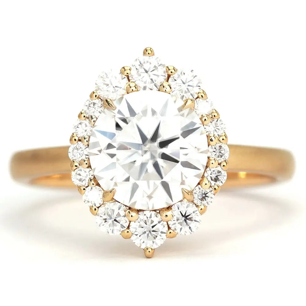 Jean Round Moissanite with Decorative Halo in Matte Finish Band Ring in 18K gold - LeCaine Gems