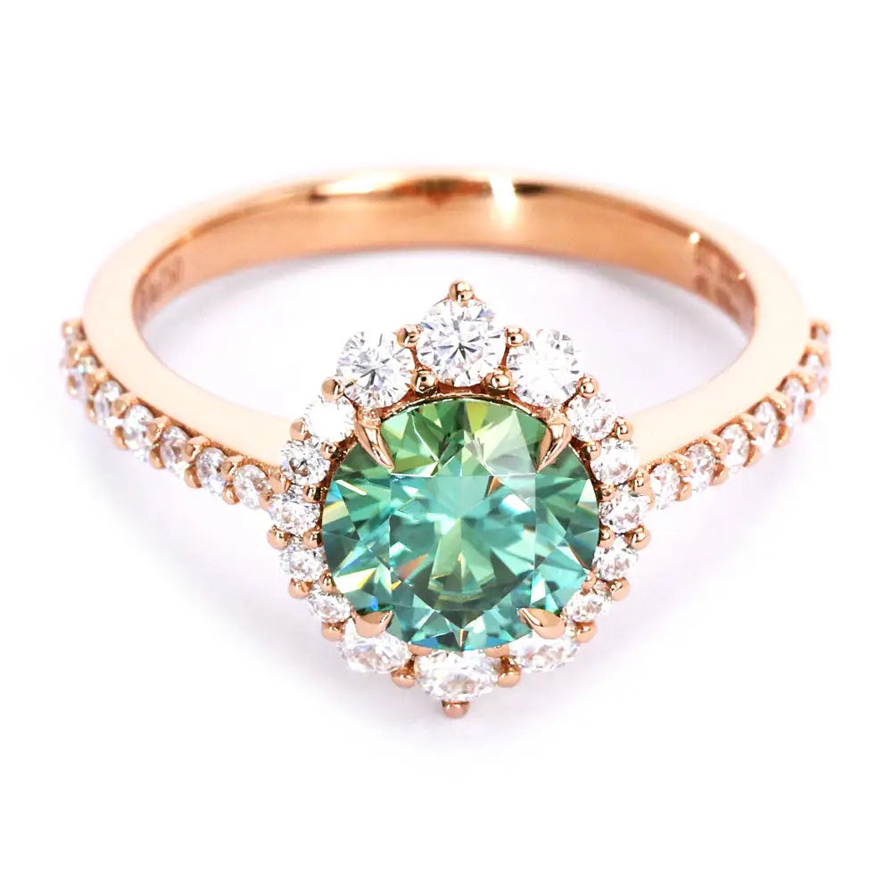 Joan Round Forest Green Moissanite Halo with Pave Band Ring in 18K Gold - LeCaine Gems