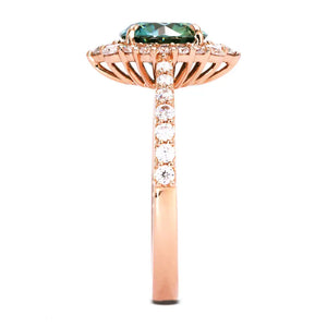 Joan Round Forest Green Moissanite Halo with Pave Band Ring in 18K Gold - LeCaine Gems