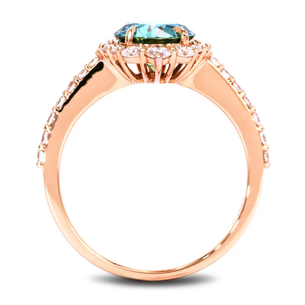 Joan Round Forest Green Moissanite Halo with Pave Band Ring in 18K Gold - LeCaine Gems