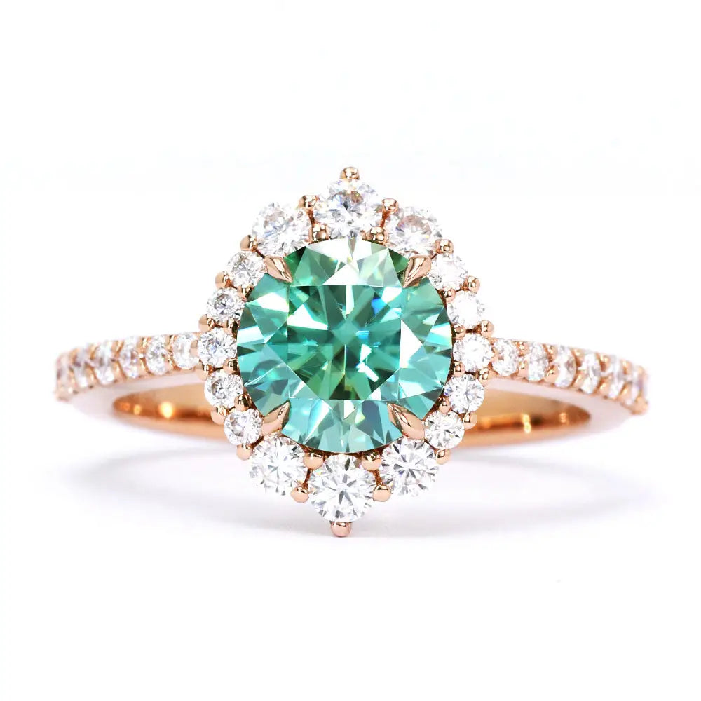 Joan Round Forest Green Moissanite Halo with Pave Band Ring in 18K Gold - LeCaine Gems