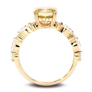 Joyce Elongated Cushion Fancy Yellow Moissanite with Pave Band Ring in 18K Gold - LeCaine Gems