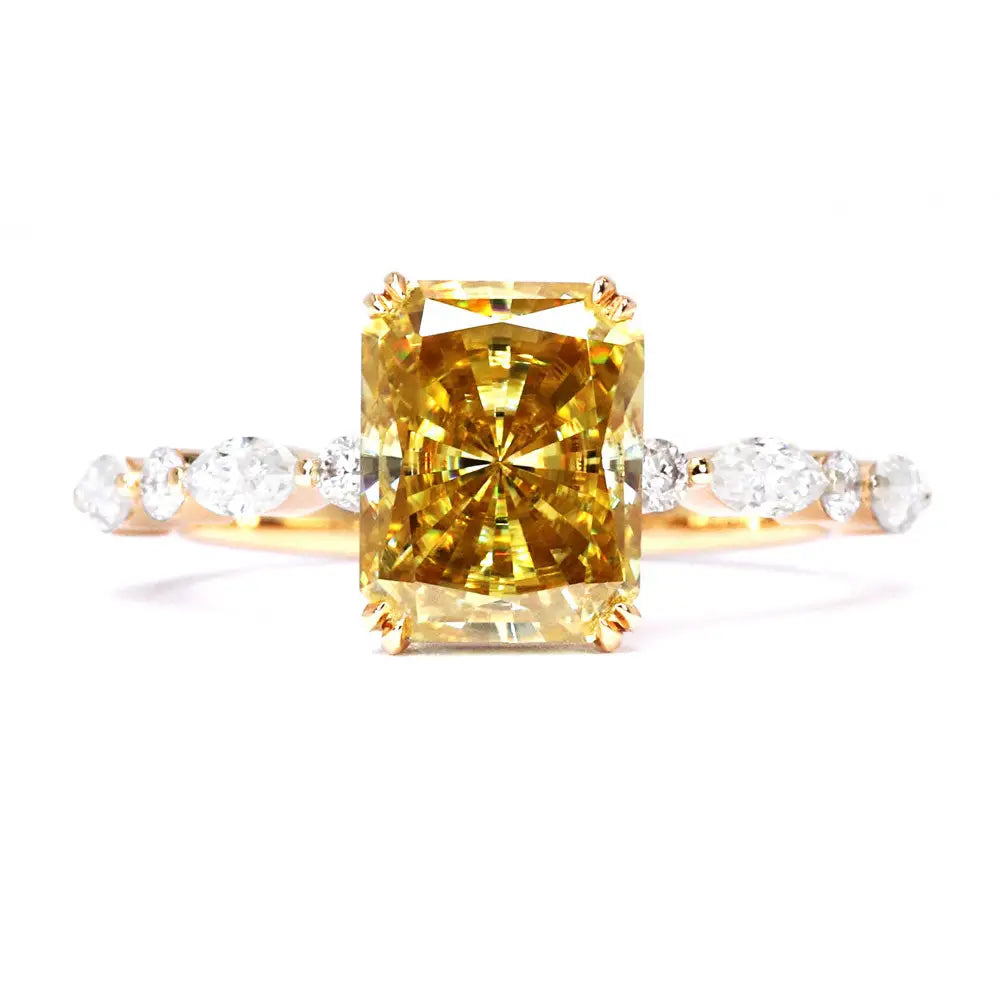 Joyce Elongated Cushion Fancy Yellow Moissanite with Pave Band Ring in 18K Gold - LeCaine Gems