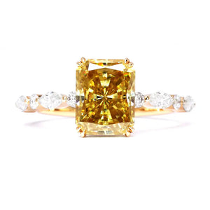 Joyce Elongated Cushion Fancy Yellow Moissanite with Pave Band Ring in 18K Gold - LeCaine Gems