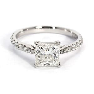 Kate Princess Moissanite with Tapered Pave Band Ring in 18K White gold - LeCaine Gems
