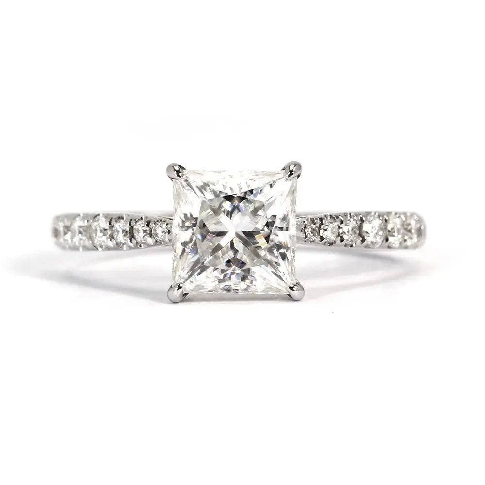 Kate Princess Moissanite with Tapered Pave Band Ring in 18K White gold - LeCaine Gems