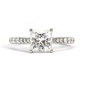 Kate Princess Moissanite with Tapered Pave Band Ring in 18K White gold - LeCaine Gems