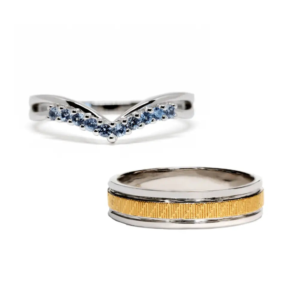 Kelly Blue Lab-Grown Sapphire V Shaped and Art Carved Duo Tone Wedding Rings in 18K gold - LeCaine Gems