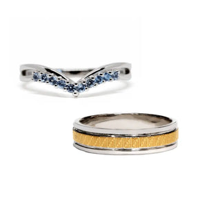 Kelly Blue Lab-Grown Sapphire V Shaped and Art Carved Duo Tone Wedding Rings in 18K gold - LeCaine Gems