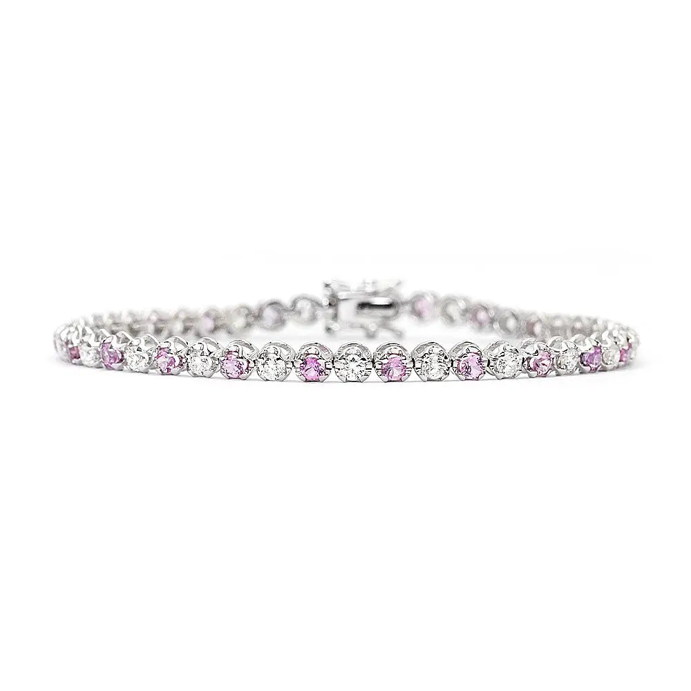 Penelope Round Lab Grown Diamonds with Lab Grown Pink Sapphire Tennis Bracelet in 18K Gold - LeCaine Gems