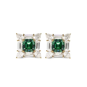 Laurel Asscher Forest Green Moissanite with Decorative Halo Stud Earrings in 18K gold - LeCaine Gems