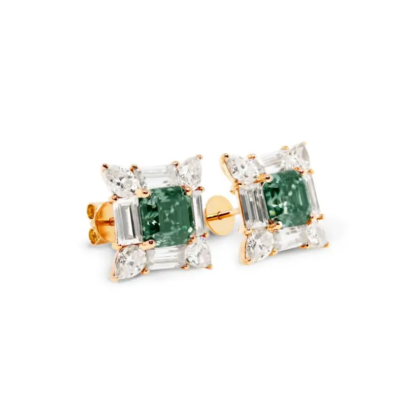 Laurel Asscher Forest Green Moissanite with Decorative Halo Stud Earrings in 18K gold - LeCaine Gems