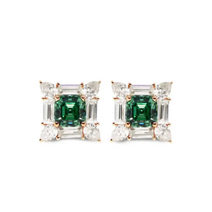 Laurel Asscher Forest Green Moissanite with Decorative Halo Stud Earrings in 18K gold - LeCaine Gems