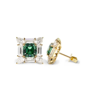 Laurel Asscher Forest Green Moissanite with Decorative Halo Stud Earrings in 18K gold - LeCaine Gems