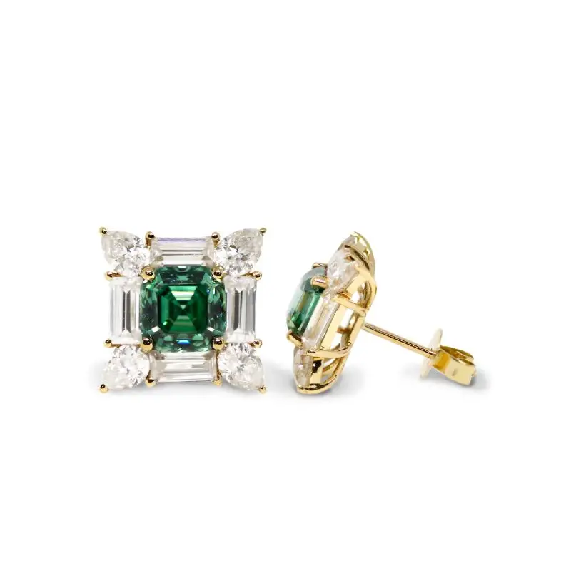 Laurel Asscher Forest Green Moissanite with Decorative Halo Stud Earrings in 18K gold - LeCaine Gems