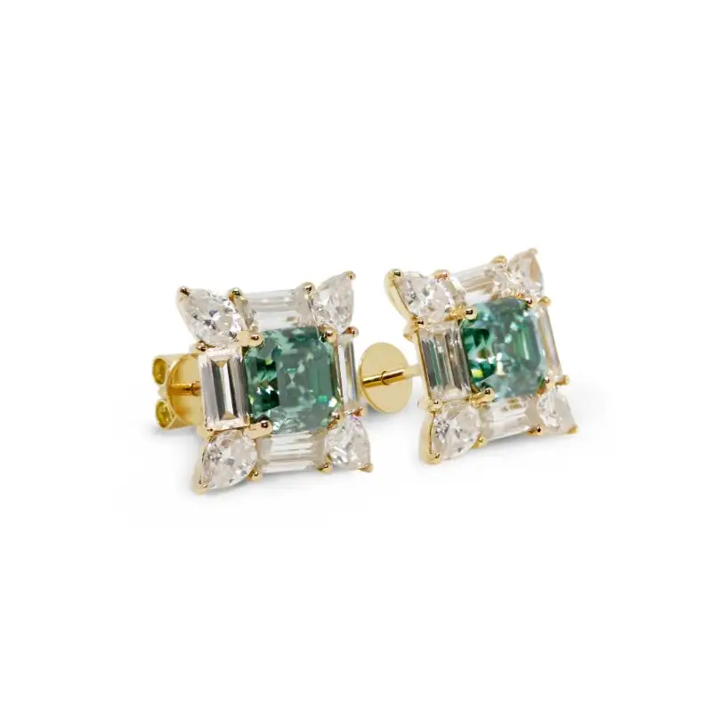 Laurel Asscher Forest Green Moissanite with Decorative Halo Stud Earrings in 18K gold - LeCaine Gems