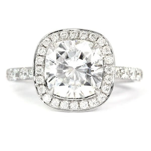 Lauren Cushion Moissanite with Halo in Pave Band Ring in 18K gold - LeCaine Gems