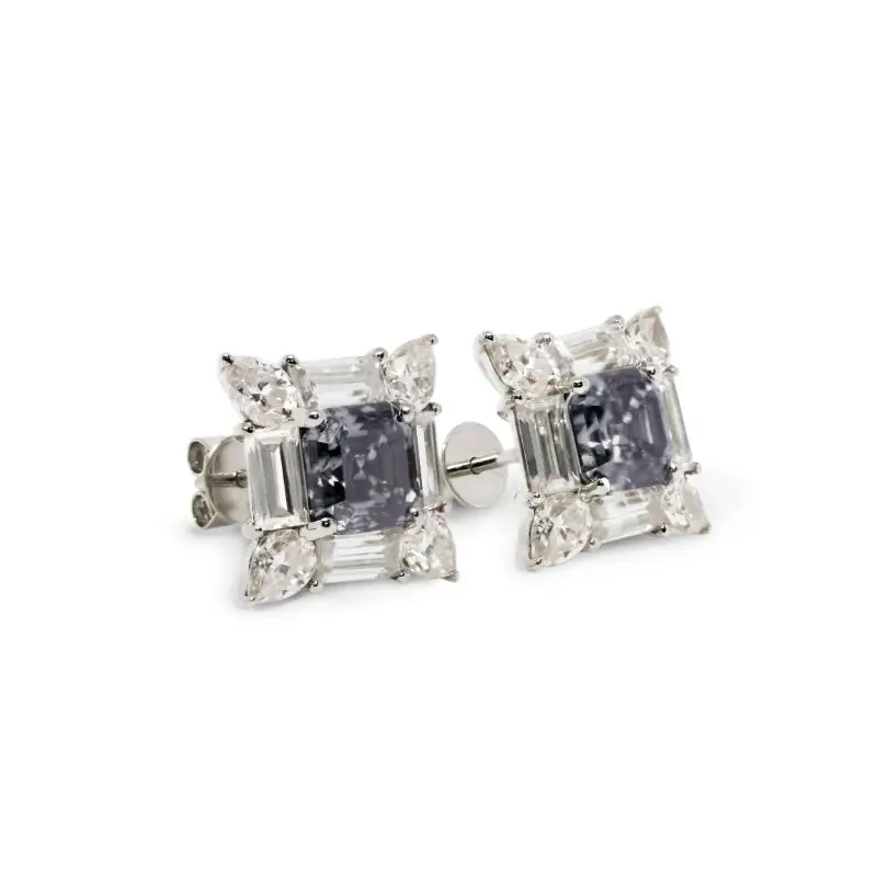 Lawrie Asscher Grey Blue Moissanite with Decorative Halo Stud Earrings in 18K gold - LeCaine Gems