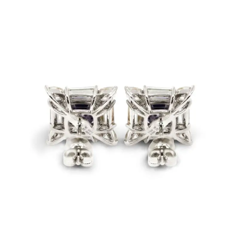 Lawrie Asscher Grey Blue Moissanite with Decorative Halo Stud Earrings in 18K gold - LeCaine Gems