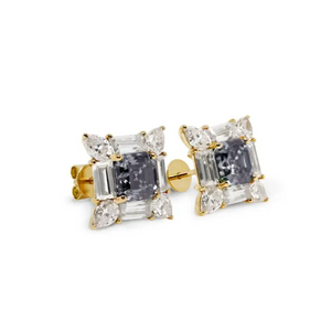 Lawrie Asscher Grey Blue Moissanite with Decorative Halo Stud Earrings in 18K gold - LeCaine Gems