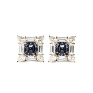 Lawrie Asscher Grey Blue Moissanite with Decorative Halo Stud Earrings in 18K gold - LeCaine Gems